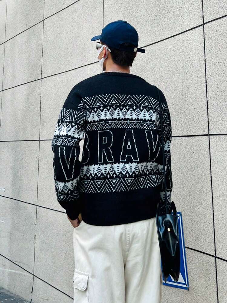 Men Letter & Geo Pattern Sweater