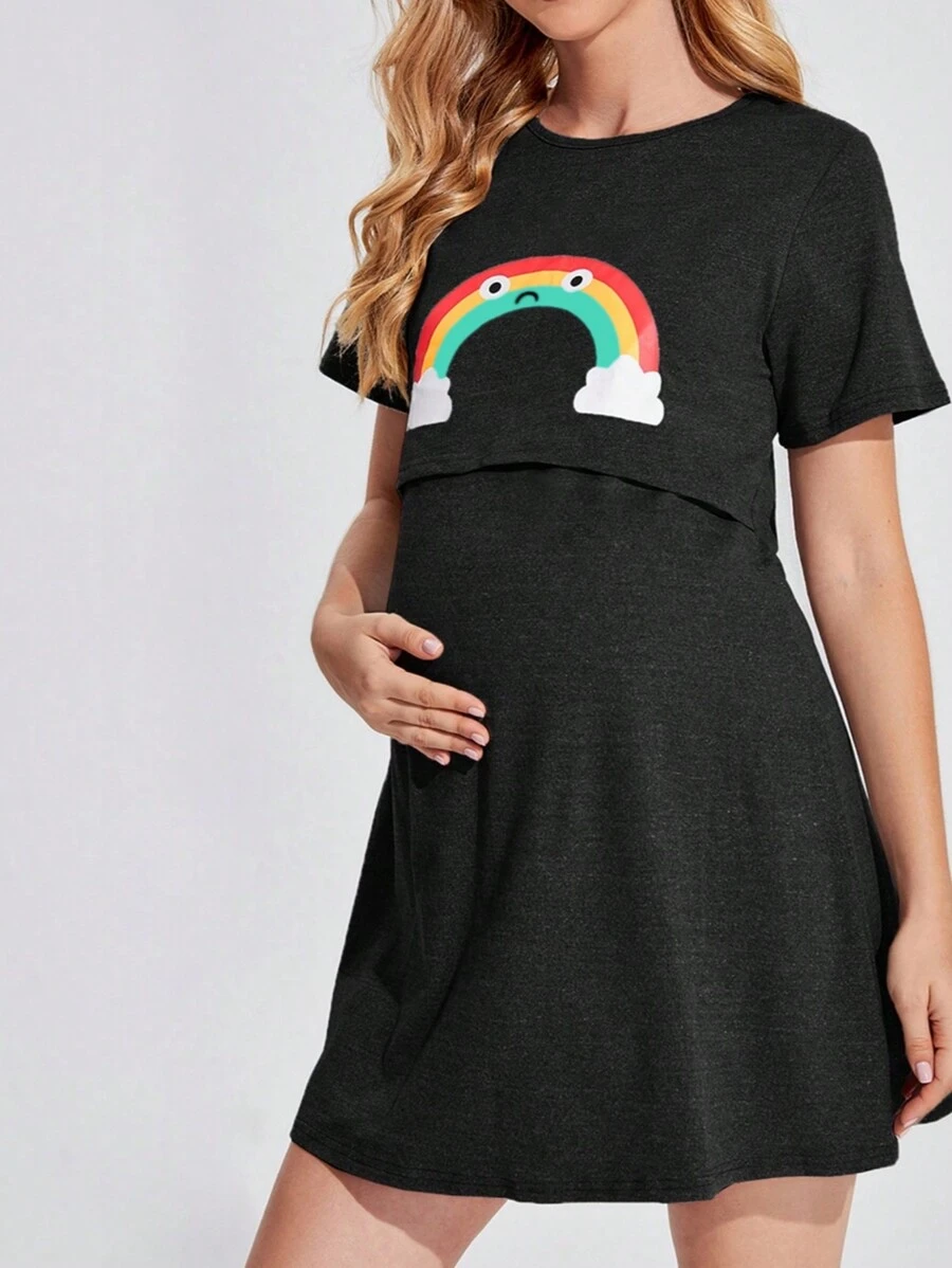 SHEIN Trang phục thư giãn Bà bầu Hoạt hình Dễ thương - màu đen - Xem 1