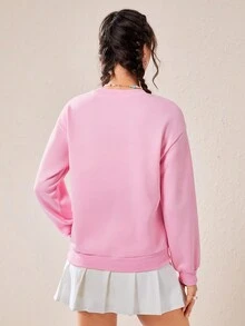 SHEIN EZwear 小鹿&字母圖案落肩袖運動衫 - 粉色 - 查看 2