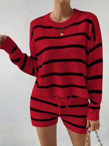 SHEIN Essnce Striped Pattern Drop Shoulder Sweater & Drawstring Waist Knit Shorts - Multicolor - View 5
