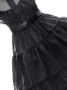 Black Elegant Vintage Young Girls Halloween Mesh Ruffle Hem Dress, Durable Fabric, Suitable For Halloween Costume, Stage Performance, Role Play, Cosplay, Halloween Dress - Black - View 6