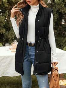 SHEIN LUNE Drawstring Waist Zip Up Puffer Vest Coat - Black - View 5