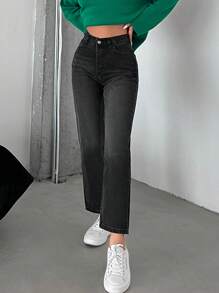 Solid Straight Leg Cropped Jeans