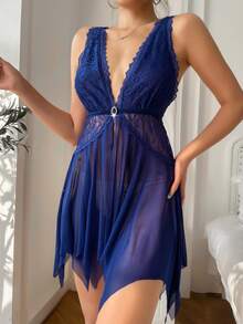 Contrast Lace Asymmetrical Hem Mesh Nightdress - Blue - View 3