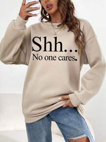 SHEIN EZwear 字母圖案落肩袖運動衫 - 杏色 - 查看 1