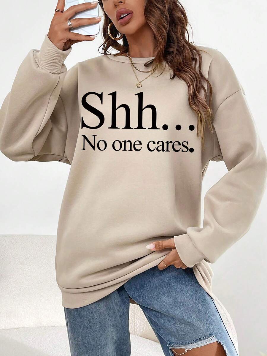 SHEIN EZwear 字母圖案落肩袖運動衫 - 杏色 - 查看 1