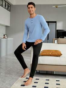Men Half Button Thermal Underwear Top - Blue - View 6