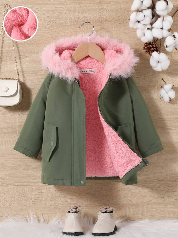 Baby Girl Teddy Lined Fuzzy Trim Hooded Coat
