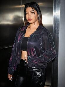 SHEIN EZwear 大碼落肩袖拉鏈開襟夾克 - 彩色 - 查看 5