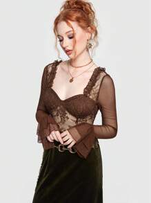 ROMWE Fairycore Women's Lace Contrast Mesh Ruffle Sleeve Top - Bronze - View 4
