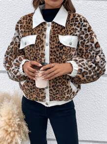 SHEIN LUNE Cazadora teddy con patrón de leopardo de hombros caídos con diseño de solapa - Marrón - Ver 5