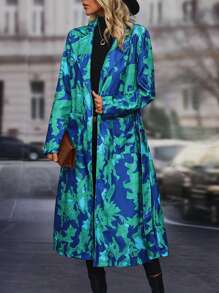 EMERY ROSE Floral Print Lapel Neck Belted Overcoat - Multicolor - View 6