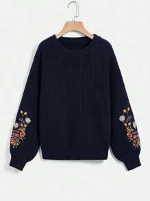 SHEIN VCAY Floral Embroidery Drop Shoulder Sweater - Royal Blue - View 1