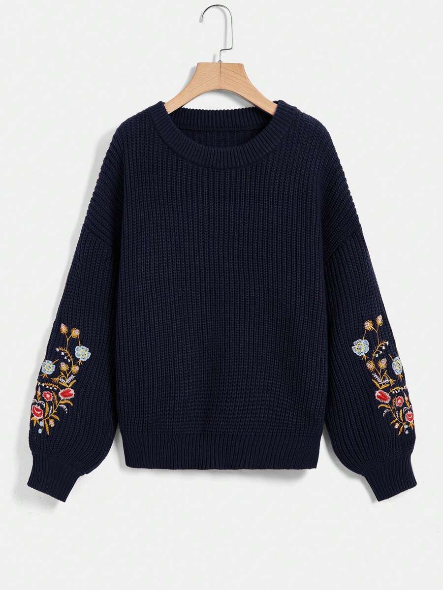 SHEIN VCAY Floral Embroidery Drop Shoulder Sweater - Royal Blue - View 1