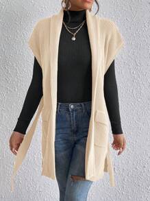 SHEIN Essnce 1入組青果領腰帶毛衣背心 - 米色 - 查看 3
