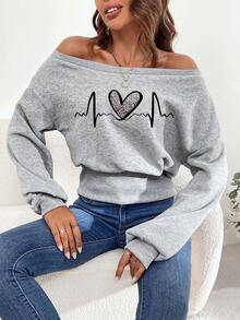 SHEIN EZwear Heart Print Off Shoulder Lantern Sleeve Sweatshirt - Grey - View 7