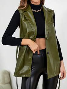 SHEIN Essnce 西裝領腰帶PU皮革外套馬甲 - 綠色 - 查看 3