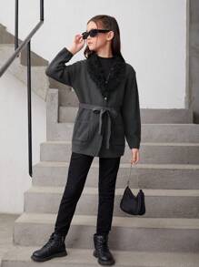 SHEIN Tween 女孩休閒寬鬆束帶 V 領開襟衫(附口袋) - 黑色 - 查看 4