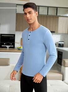 Men Half Button Thermal Underwear Top - Blue - View 4