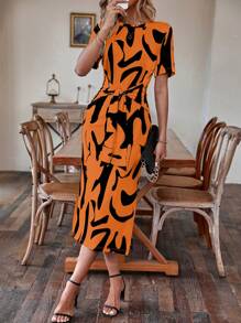 SHEIN LUNE Allover Print Split Thigh Knot Front Dress - Orange - View 3