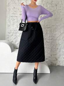 SHEINNeu Dual Pocket Drawstring Waist Quilted Skirt - Black - View 3