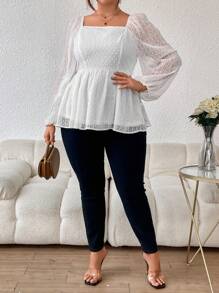 SHEIN Privé Hơn Chấm Swiss Cổ vuông Tay áo lồng đèn Áo sơ mi Peplum - trắng - Xem 5