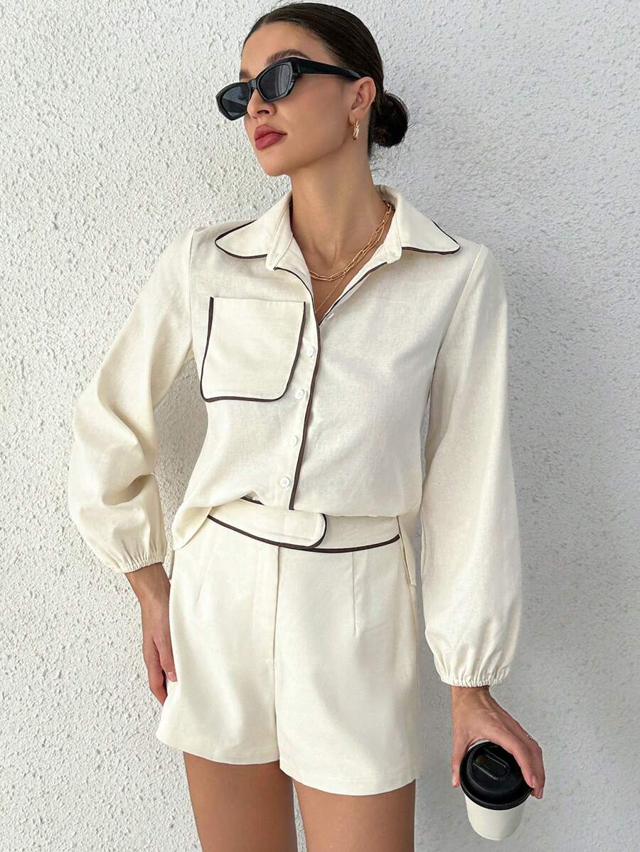 SHEIN Essnce 撞色滾邊口袋貼布襯衫&短褲 - 白色 - 查看 1