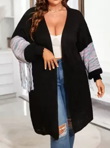 SHEIN Unity Plus Space Dye Drop Shoulder Fringe Trim Duster Cardigan - Black - View 6
