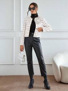 SHEIN Privé 格紋印花花卉圖案補丁貼開門襟花呢外套 - 白色 - 查看 4