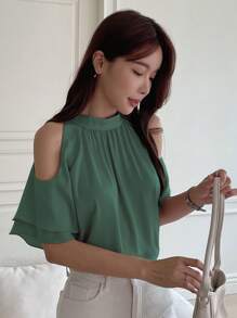 DAZY Chất rắn Lỗ khóa trở lại Vai lạnh Áo sơ mi - màu xanh lá - Xem 1