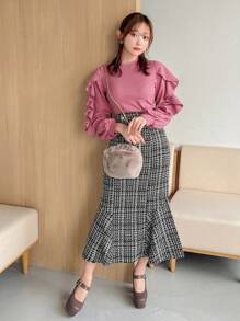 FRIFUL Chất rắn Viền Ruffle Tay áo Đèn lồng Cổ giả Áo nỉ - Màu Hồng Tươi - Xem 6
