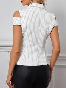 SHEIN Privé Striped Print Cold Shoulder Blazer - Black and White - View 2