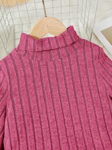 SHEIN Tween Girl Knitted Solid Color Mock Neck Fitted T-Shirt With Lantern Sleeve - Hot Pink - View 4