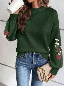 SHEIN Essnce 花卉刺繡落肩袖套頭毛衣 - 綠色 - 查看 1