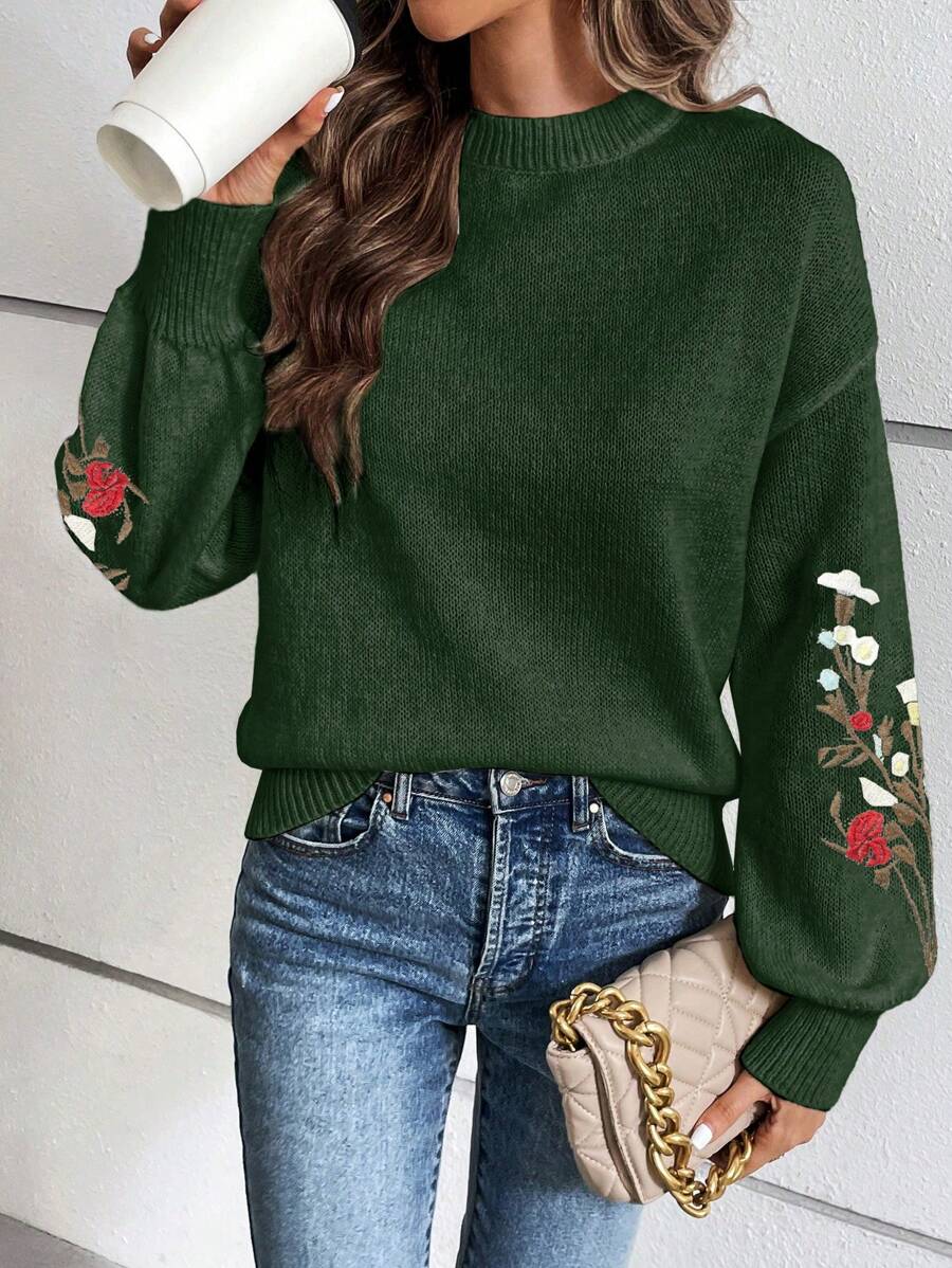 SHEIN Essnce 花卉刺繡落肩袖套頭毛衣 - 綠色 - 查看 1