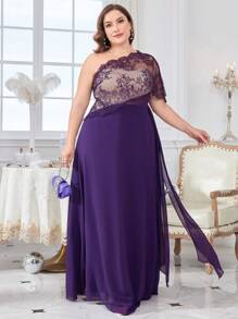 Plus One Shoulder Contrast Lace Chiffon Bridesmaid Dress - Purple - View 1