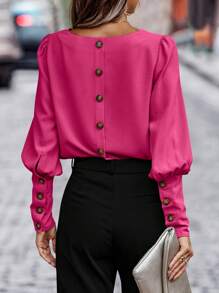 SHEIN Clasi 素色後紐扣燈籠袖襯衫 - 玫紅色 - 查看 1