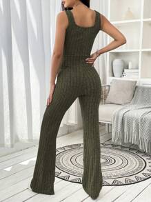 SHEIN EZwear Solid Ribbed Knit Flare Leg Jumpsuit - Army Green - View 2