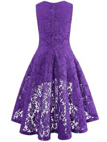 1pc Tween Girls' V-Neck Sleeveless Asymmetrical Lace Hem Purple Elegant Dress For Spring/Fall