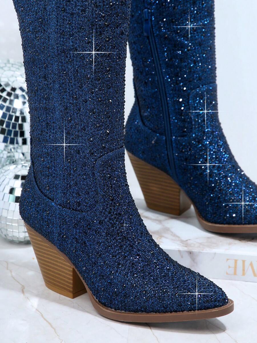SHUZIA Bestseller Women's Sparking Rhinestone Deep Blue Cowboy Boots