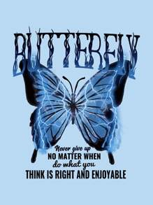 SHEIN LUNE Plus Slogan & Butterfly Print Drawstring Thermal Lined Hoodie, BUTTERELY Never Give Up NO MATTER WHEN Do What You THINK IS RIGHT AND ENJOYABLE, For Winter Graduation,Back To School,Graduation,Teacher For Women,Back To School Pullover Fall Autumn - Baby Blue - View 4