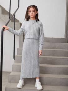 Cô gái Tween Cổ giả Thả vai Sweater & Knit Skirt - Xám - Xem 4