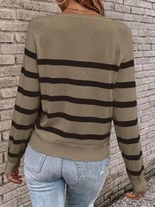 SHEIN LUNE Striped Pattern Raglan Sleeve Sweater - Khaki - View 2