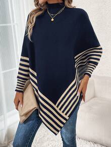 SHEIN Clasi Jersey poncho con patrón de rayas de cuello alto de manga murciélago bajo asimétrico - Azul - Ver 5