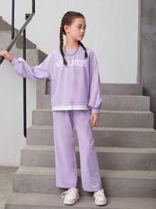 Tween Girl Letter Graphic Drop Shoulder 2 In 1 Pullover & Pants - Mauve Purple - View 5