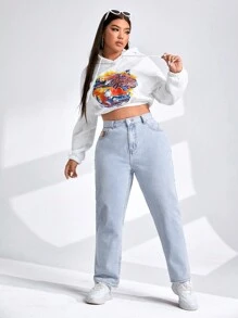 SHEIN EZwear 大碼拉絲織物保暖高腰直筒牛仔褲 - 藍色 - 查看 4