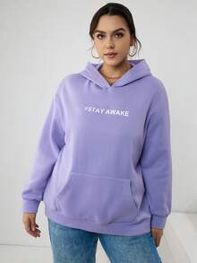 SHEIN EZwear Plus Size Letter Graphic Kangaroo Pocket Drop Shoulder Sweatshirt - Purple - View 4