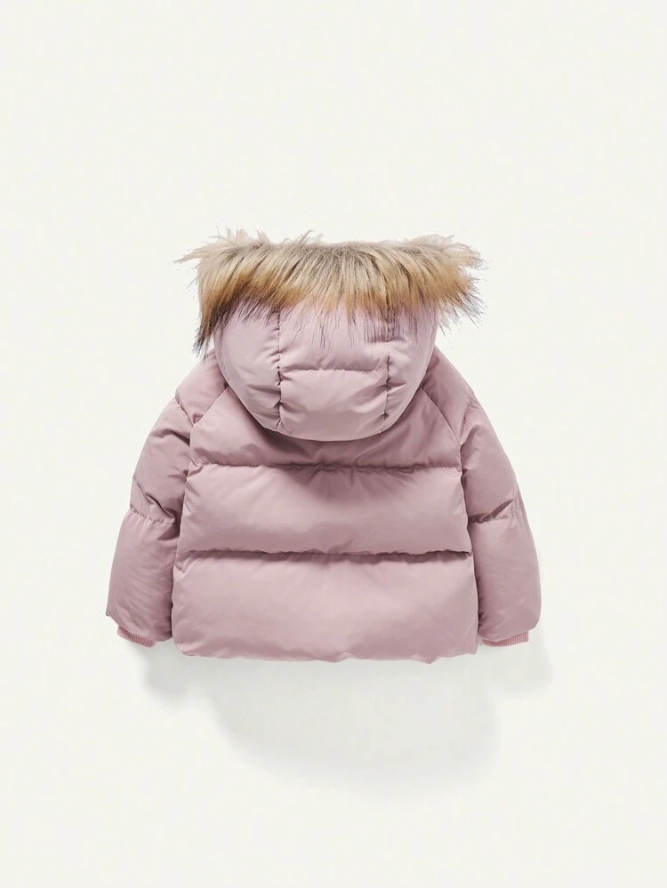 Baby Girl Slant Pocket Fuzzy Trim Hooded Thermal Lined Raglan Sleeve Padded Coat