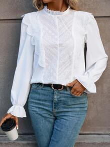 SHEIN Frenchy Ren tương phản Viền Ruffle tay áo lá sen Áo sơ mi - trắng - Xem 1