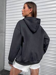 StreetHx Star & Slogan Graphic Drop Shoulder Drawstring Zipper Hoodie,Long Sleeve Tops Graduation,Back To School Outfits,Graduation,Teacher Outfits For Women,Back To School Pullover Fall Outfit - Grey - View 2